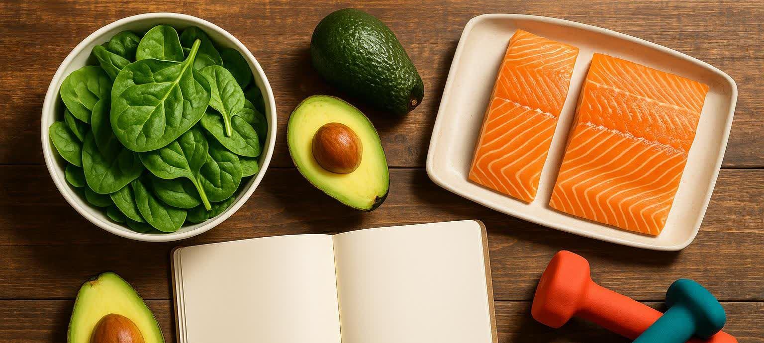 A flat lay of healthy foods including a bowl of spinach, whole and halved avocados, and two salmon fillets on a white plate. Also pictured are an open notebook and two small hand weights (one orange, one teal), all arranged on a rustic wooden table, suggesting a focus on diet and fitness.
