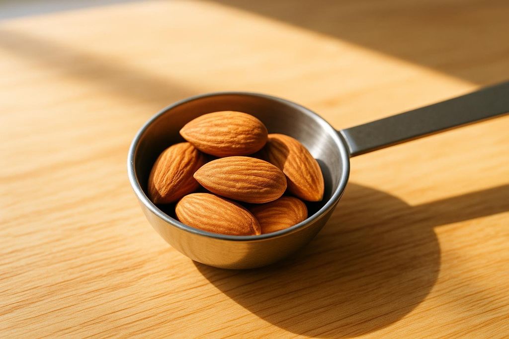 A close-up shot of several whole almonds resting in a silver measuring spoon on a wooden surface, illuminated by natural light creating a shadow.