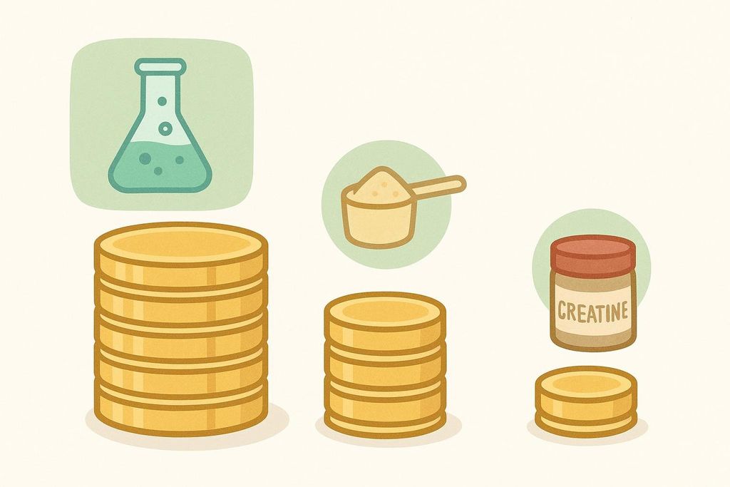 An illustration comparing the high cost of peptides (represented by a large pile of coins and a beaker), to the lower cost of protein (a medium pile of coins and a scoop of powder), and the lowest cost of creatine (a small pile of coins and a tub labeled 'Creatine').