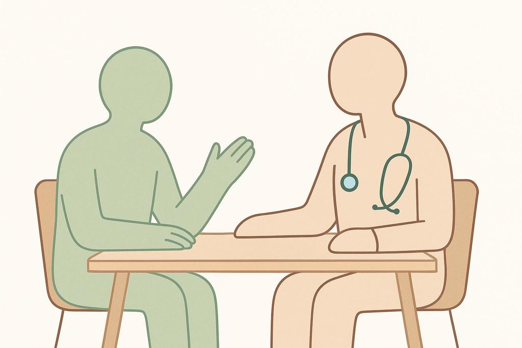 An illustration of a patient, represented by a light green figure, talking to a clinician, represented by a beige figure wearing a stethoscope, emphasizing the importance of seeking medical advice for persistent symptoms. They are seated opposite each other at a wooden table.