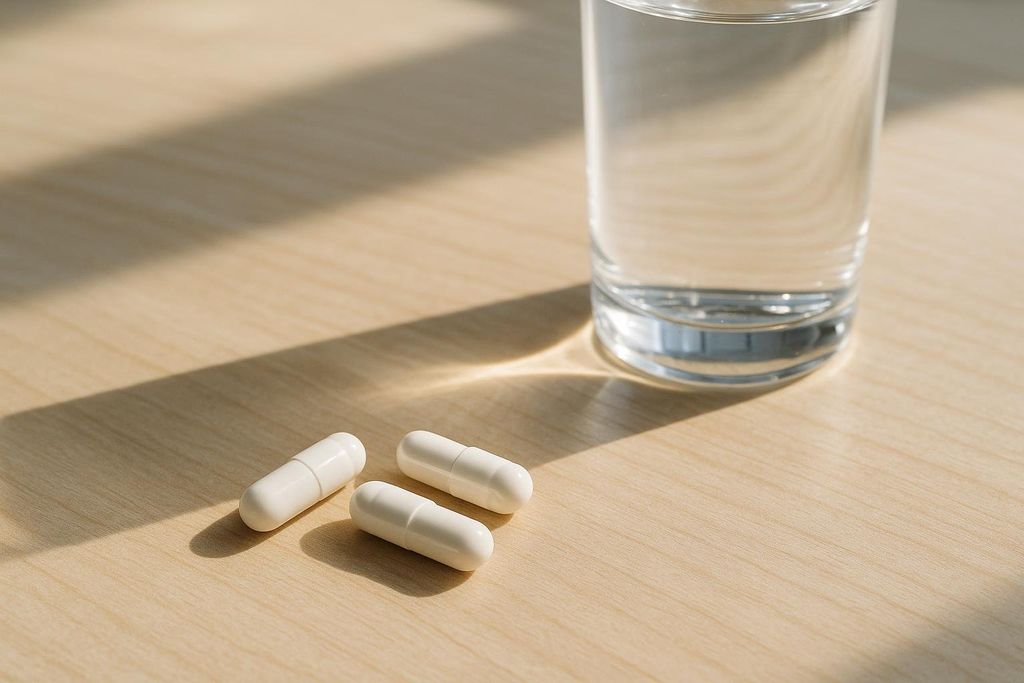 Three white capsules lie on a light wooden table next to a glass of water. Sunlight casts long shadows across the table.