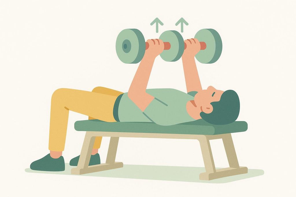 An illustration showing a person lying on a weight bench and performing a dumbbell skull crusher exercise. They are holding two green dumbbells above their chest, with arrows indicating the upward movement.