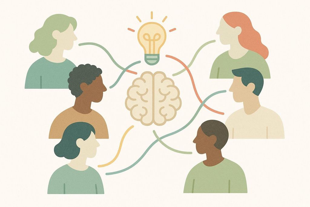 An abstract illustration shows six diverse people connecting to a brain and a lightbulb with colorful lines, symbolizing social engagement and cognitive stimulation.