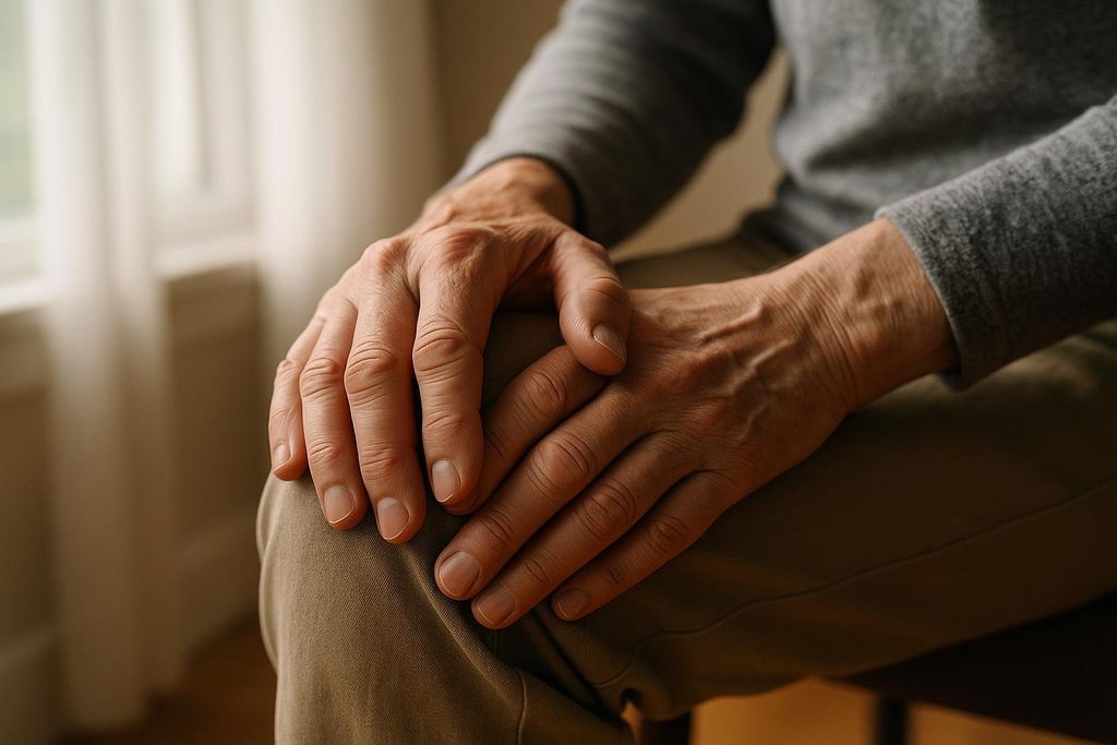 Close-up of a hand resting gently on a knee.