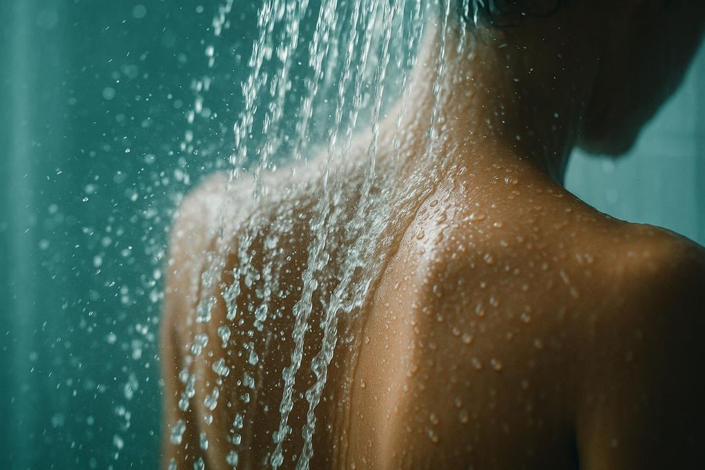 Close-up of a person's bare upper back and shoulders, with water from a showerhead splashing and running down their skin. The background is a blurry teal color, suggesting a tiled shower wall.