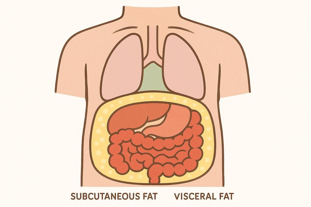 A diagram illustrates the difference between subcutaneous fat (yellow layer directly under the skin) and visceral fat (orange layer surrounding internal organs like intestines, stomach, and liver) within a human torso, with lungs and diaphragm also visible.