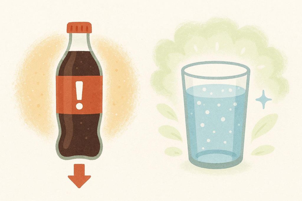 An illustration comparing a bottle of dark cola with an exclamation mark to a refreshing glass of sparkling water. An arrow pointing downwards indicates a negative impact from the soda, while sparkling effects around the water signify a positive impact.