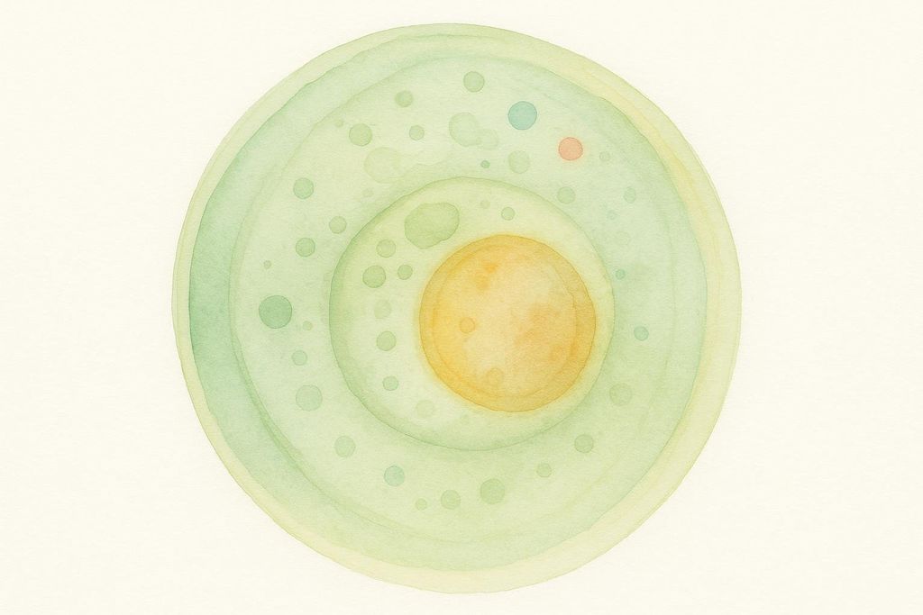 An artistic watercolor illustration of a circular cell-like structure. It features concentric light green rings with an orange circular nucleus in the center. Smaller green, blue, and red dots are scattered within the rings, representing organelles or cellular components.