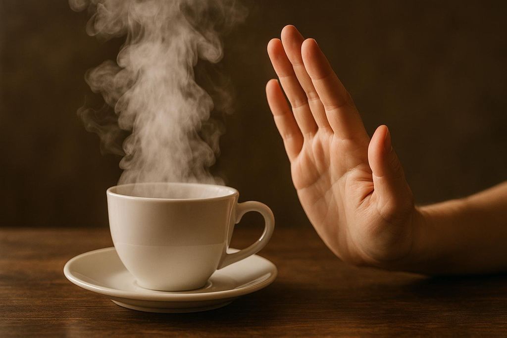 A hand recoiling from a very steamy cup of tea, illustrating the caution against drinking beverages that are too hot.