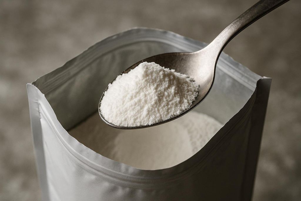 A close-up shot of a spoon filled with white creatine monohydrate powder, held above an open bag of the same powder. The spoon is metallic and reflects light, highlighting the fine texture of the powder.