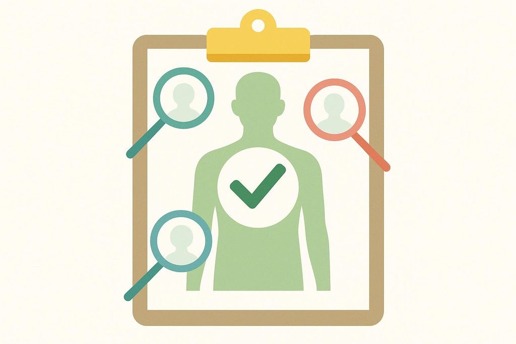 An illustration showing a human silhouette on a clipboard, surrounded by three magnifying glasses. A green checkmark is visible on the silhouette's chest, indicating a successful medical checkup or approval.