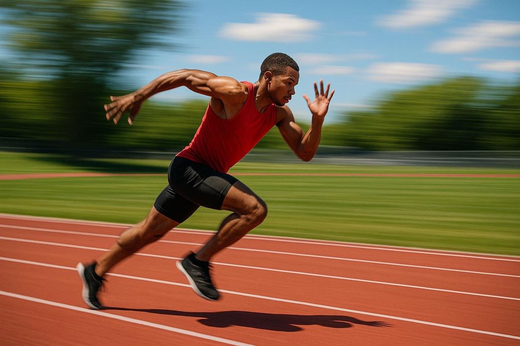A male runner in a red tank top and black shorts sprints quickly on an outdoor track with green grass and trees in the background, conveying speed with motion blur.