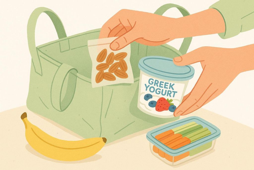 Illustration of hands packing healthy snacks like a bag of almonds, a container of Greek yogurt with berries, a banana, and a plastic container with carrots and celery, into a light green bag, symbolizing proactive meal planning and nutrition.