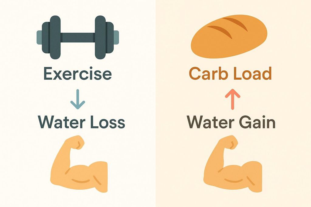 Illustration showing exercise causing water loss and carb loading causing water gain in muscles.
