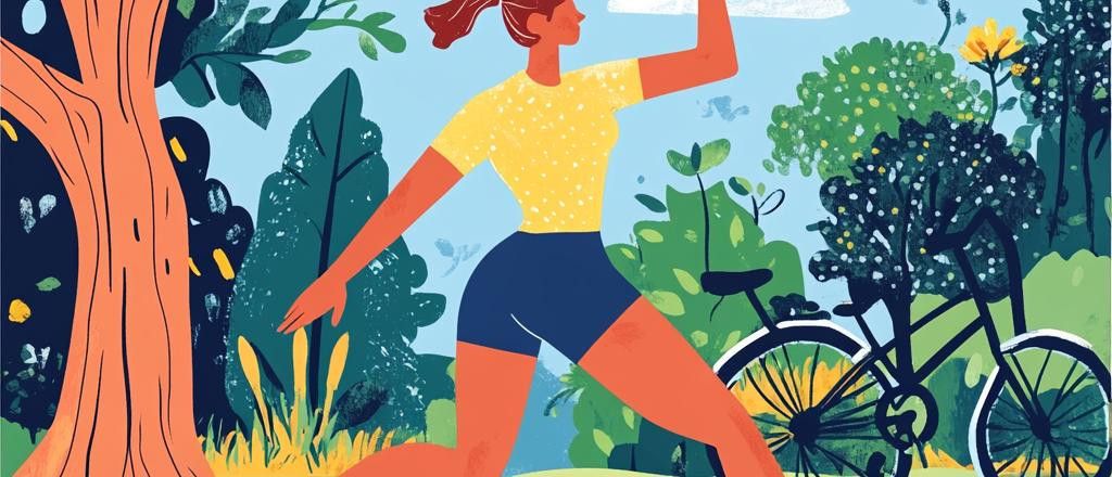 An illustration of a woman with a ponytail, wearing a yellow shirt and navy shorts, jogging in a park. Behind her are trees, bushes, and the tire of a bicycle.
