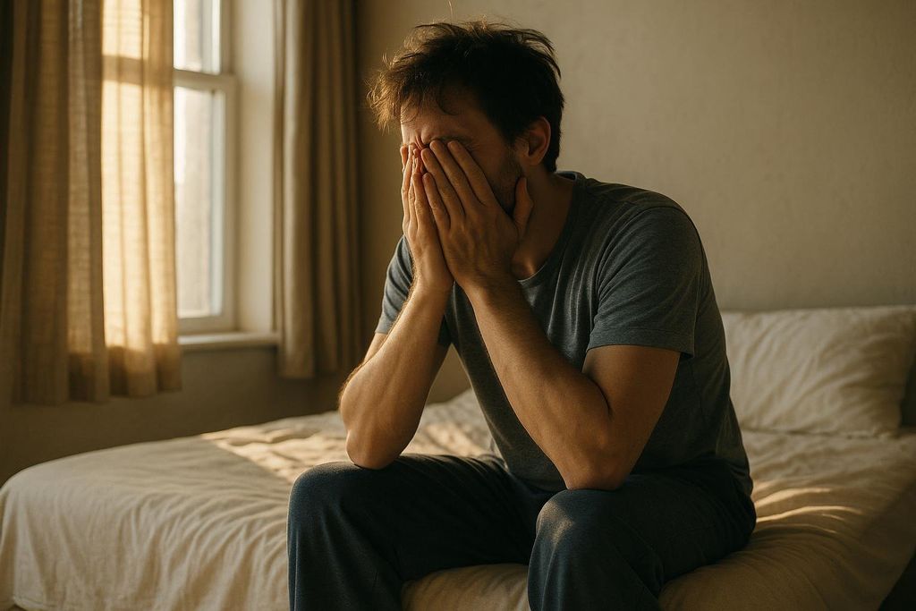 A tired-looking man with messy hair, wearing a gray t-shirt and dark pants, sits on the edge of a bed, covering his face with his hands. Sunlight streams in from a window on the left, highlighting his disheveled appearance.