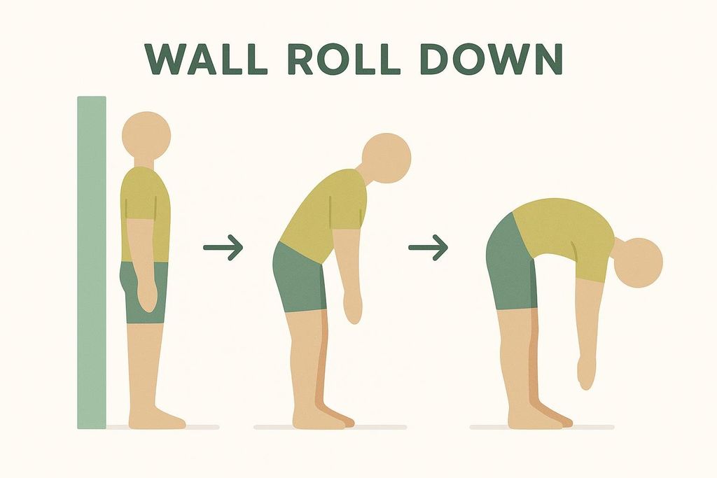 An illustration demonstrating three steps of a Pilates wall roll down exercise. The first figure stands upright against a wall. The second figure is bending forward, and the third figure is fully bent over with arms hanging down. Arrows indicate the progression between steps.