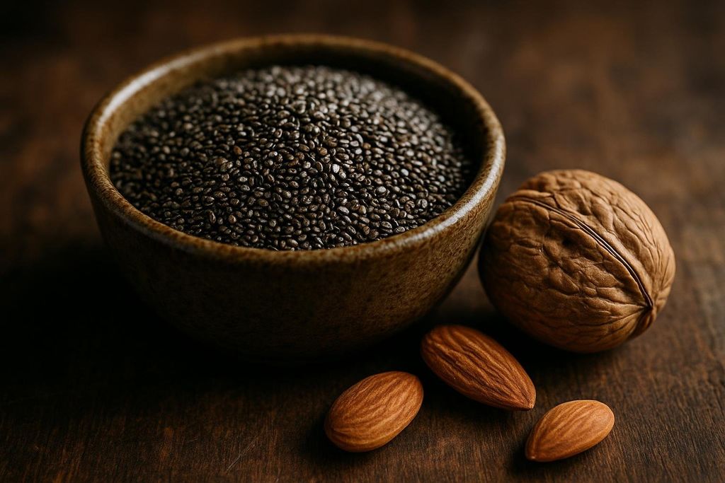 A close-up shot of a bowl filled with chia seeds, next to a whole walnut and three almonds, all arranged on a dark wooden surface.