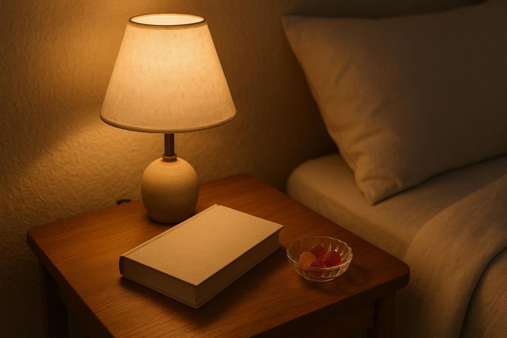 A bedside table with a lit lamp, a closed book, and a small glass bowl of red and orange gummies, likely magnesium for sleep support. Part of a bed with a pillow is visible in the background, suggesting a nighttime or winding-down setting.