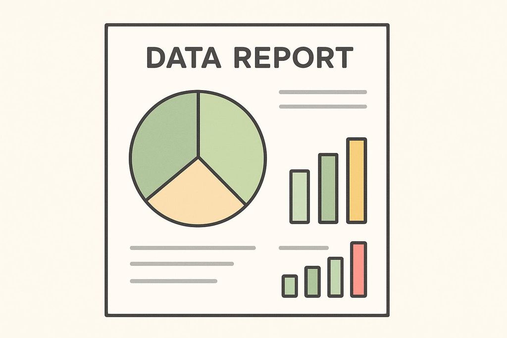An illustration of a data report displayed on a sheet of paper. The report includes a pie chart with green and beige sections on the left, and two sets of bar graphs with varying heights in shades of green, yellow, and red on the right. The title 'DATA REPORT' is at the top of the page, and grey lines indicate additional text or data fields.