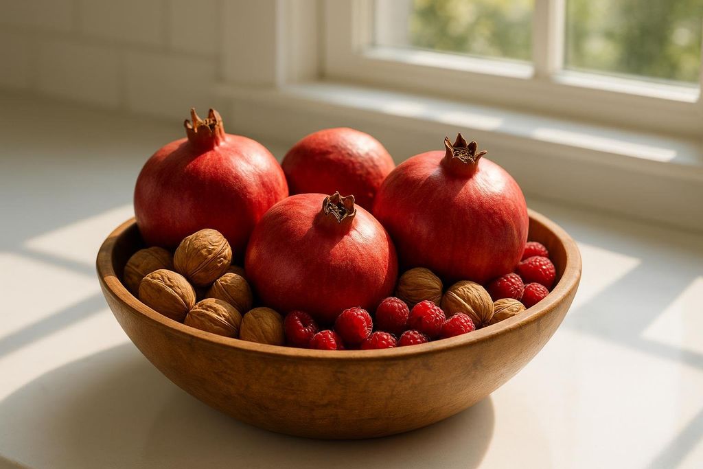 A wooden bowl filled with whole pomegranates, walnuts in their shells, and fresh raspberries, sitting on a kitchen counter near a window with sunlight streaming in.
