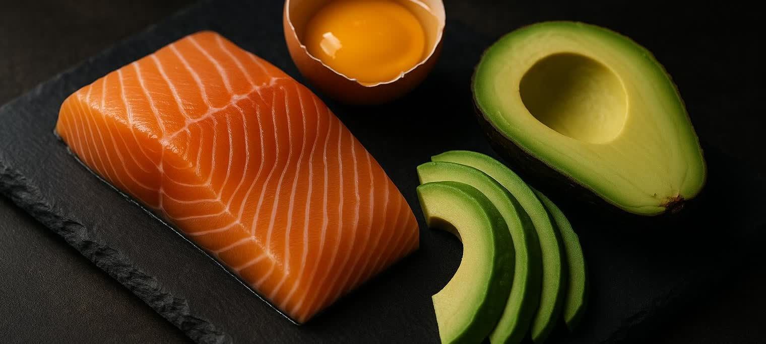 A close-up shot of a fresh salmon fillet, an egg yolk in its shell, and a sliced avocado arranged on a dark slate cutting board.