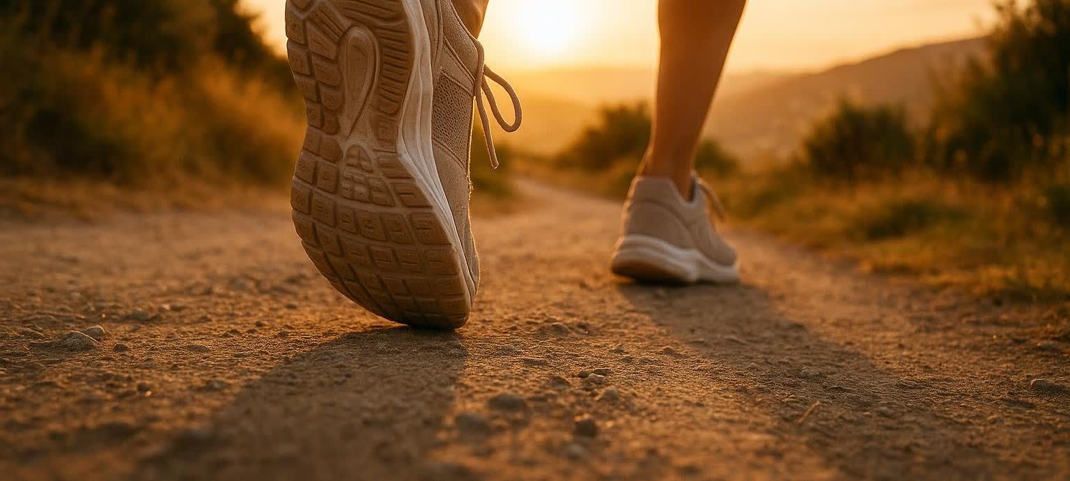 Closeup of a person's feet in athletic shoes walking on a dirt path in the sunlight.