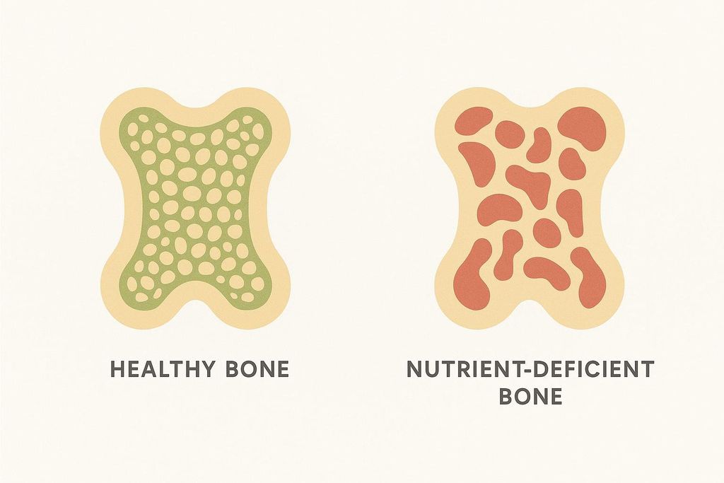 A graphic comparing a dense, healthy bone cross-section (green) to a porous, weak bone (red), illustrating the effect of nutrient deficiency on bone structure.
