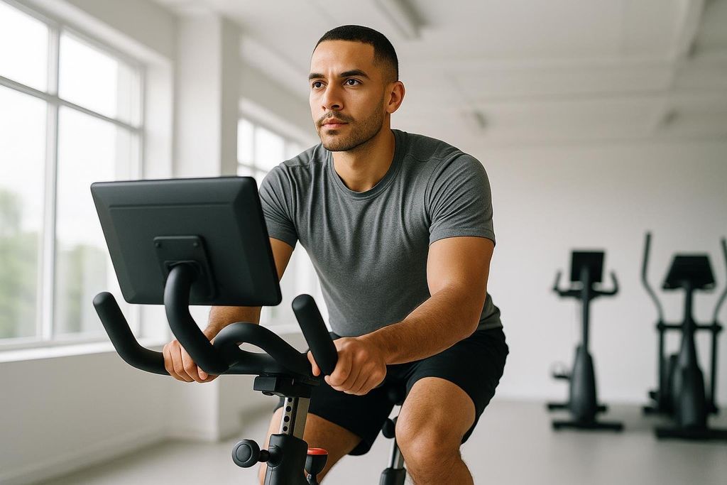 A man actively performing steady-state cardio on a black stationary bike, dressed in a grey t-shirt and black shorts, in a bright room with windows. Another unidentifiable exercise machine is visible in the background.