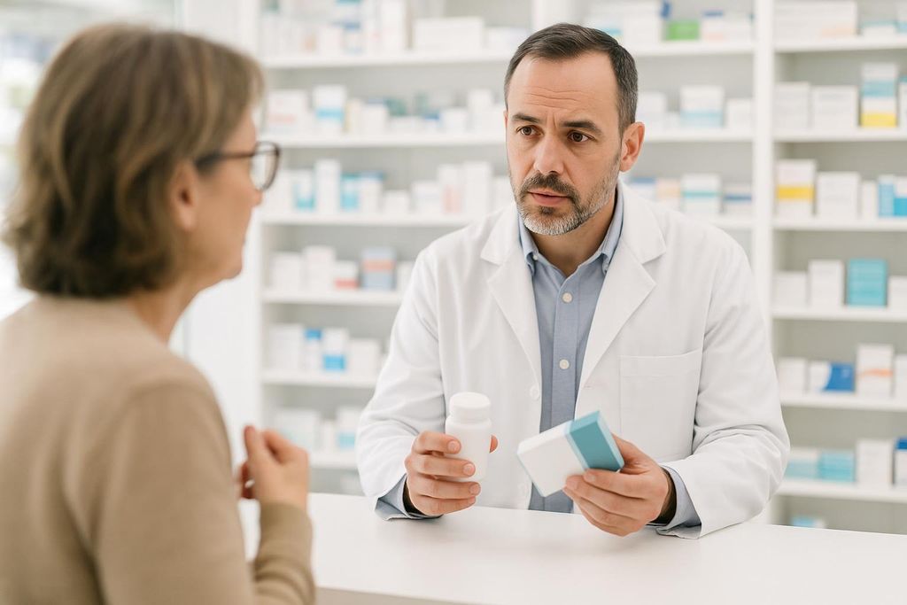 A male pharmacist in a white lab coat holds two medicine packages while consulting with a female patient across a pharmacy counter. Shelves of medication are visible in the background.