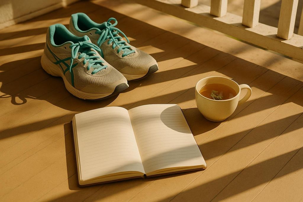 An open lined notebook, a pair of grey and teal running shoes, and a cup of tea are arranged on a sunny porch floor. Long shadows from a railing fall across the scene.