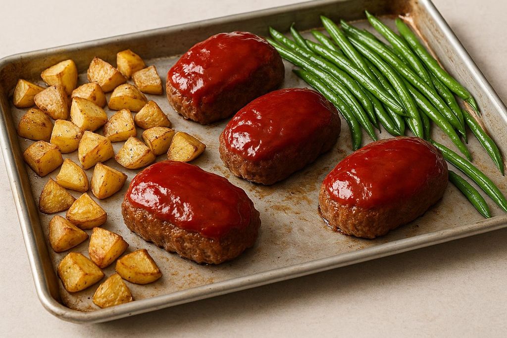A sheet pan filled with four mini meatloaves topped with red glaze, surrounded by roasted diced potatoes on the left and fresh green beans on the right. The sheet pan is a dark, rustic metal.