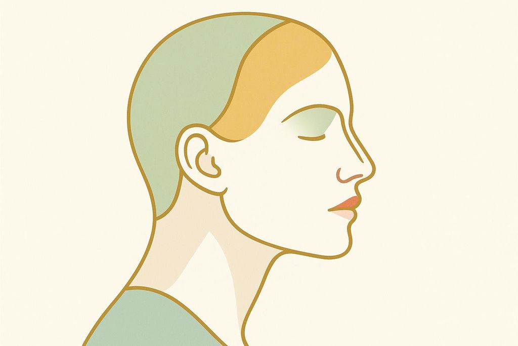 An illustrated profile of a woman's face with her eyes closed, featuring soft yellow and green tones outlined in gold. She has peach-colored lips and a serene expression, with highlights of yellow on her forehead and green on the back of her head, suggesting a minimalist and artistic style.