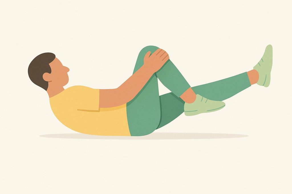 Illustration showing a man in a yellow shirt and green pants performing a supine psoas march core exercise. He is lying on his back with his right leg extended and left knee bent towards his chest, with his hands clasped around his shin.