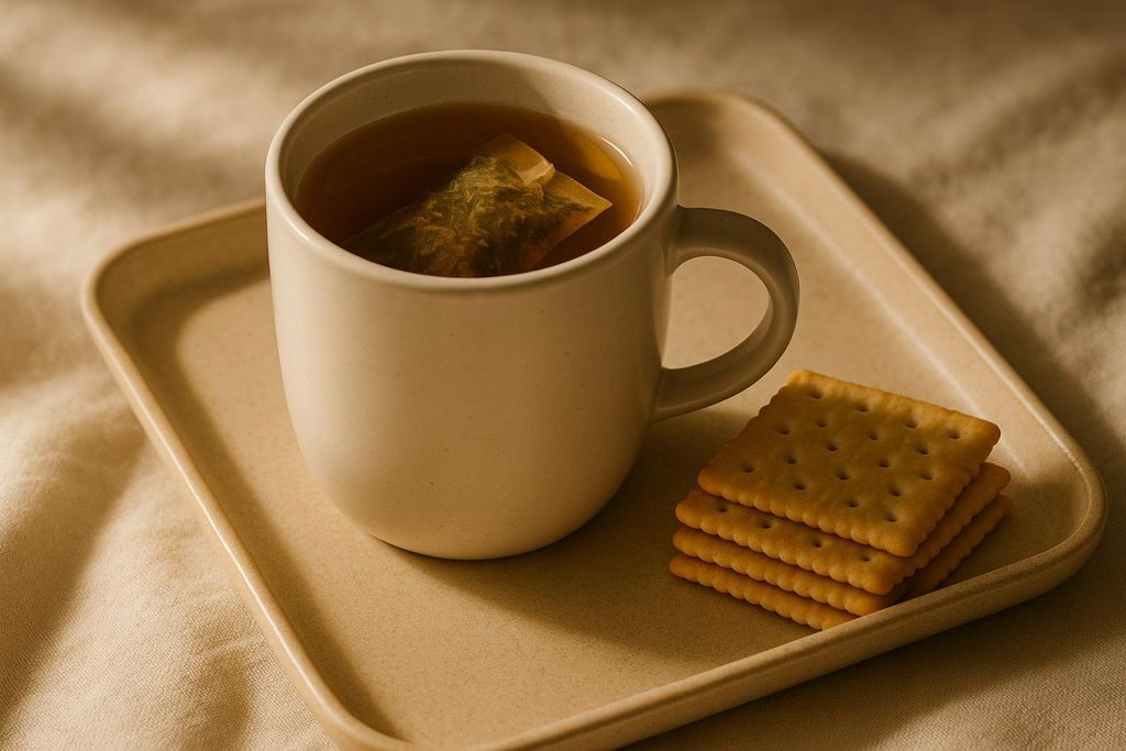 A beige mug containing a tea bag steeping in amber liquid sits on a light brown serving tray next to a stack of four square, savory crackers. The tray rests on a light-colored, textured fabric.