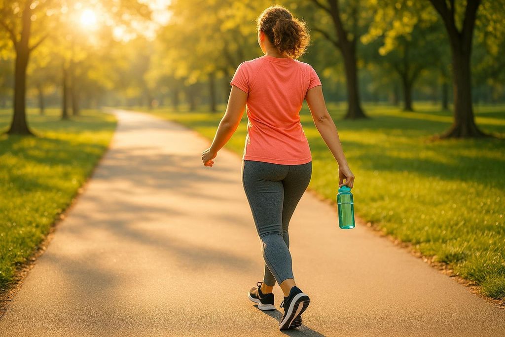 A woman from behind walks down a path in a park at sunset, holding a teal water bottle. She is wearing a salmon-colored t-shirt, grey leggings, and black athletic shoes. The path is bordered by green grass and trees with golden leaves, bathed in warm sunlight.