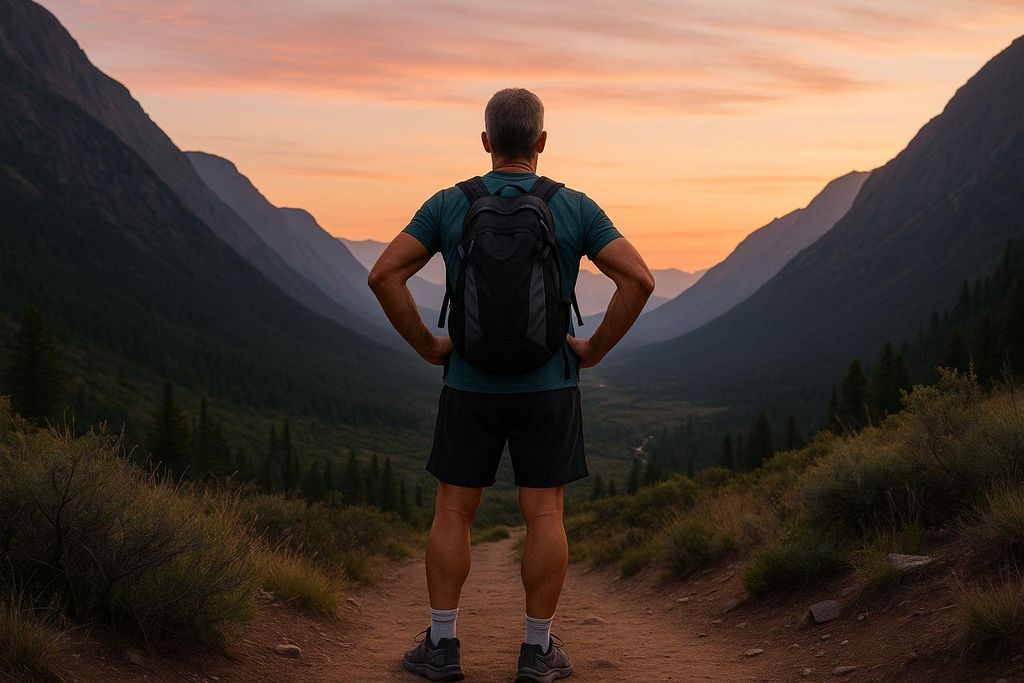 A man wearing a backpack stands on a dirt path, hands on his hips, looking out over a mountain valley at sunset. The sky is a warm orange and pink, and the mountains are dark green and blue.