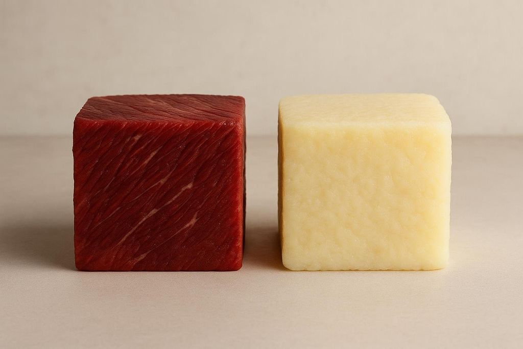 Two abstract blocks of equal size, one dark red with visible striations representing dense muscle, and a lighter yellow block representing less dense fat, positioned side by side to illustrate the visual difference in density.