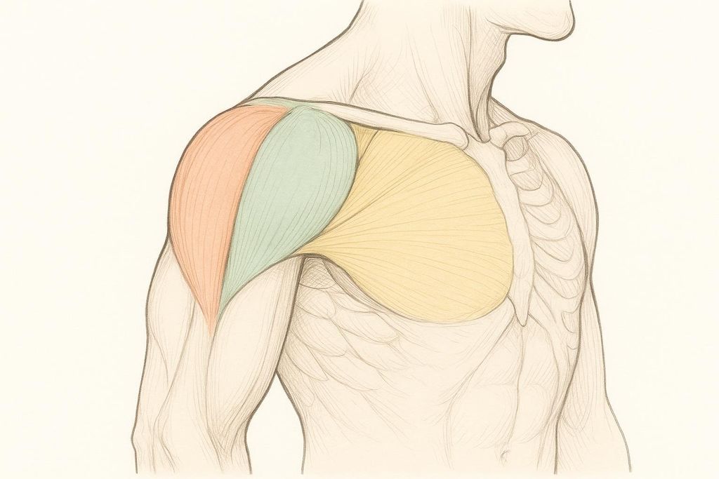 An anatomical illustration showing the three distinct heads of the deltoid muscle: the anterior (front) in orange, the lateral (side) in green, and the posterior (rear) in a yellowish hue, depicted on a human torso with visible skeletal structures like the clavicle and rib cage.