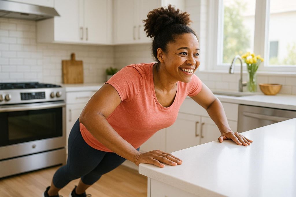 A smiling woman doing incline push-ups against a kitchen counter, demonstrating an accessible starting point for calisthenics in a brightly lit kitchen.