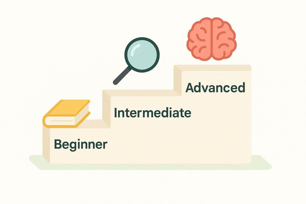 An illustration showing a three-step staircase with labels 'Beginner', 'Intermediate', and 'Advanced' representing learning paths. A book is on the 'Beginner' step, a magnifying glass on 'Intermediate', and a brain on 'Advanced'.