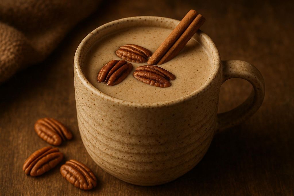 A warm, spiced nut protein drink in a speckled beige mug, garnished with a cinnamon stick and three pecans floating on top. Several pecans are scattered on the wooden surface next to the mug.