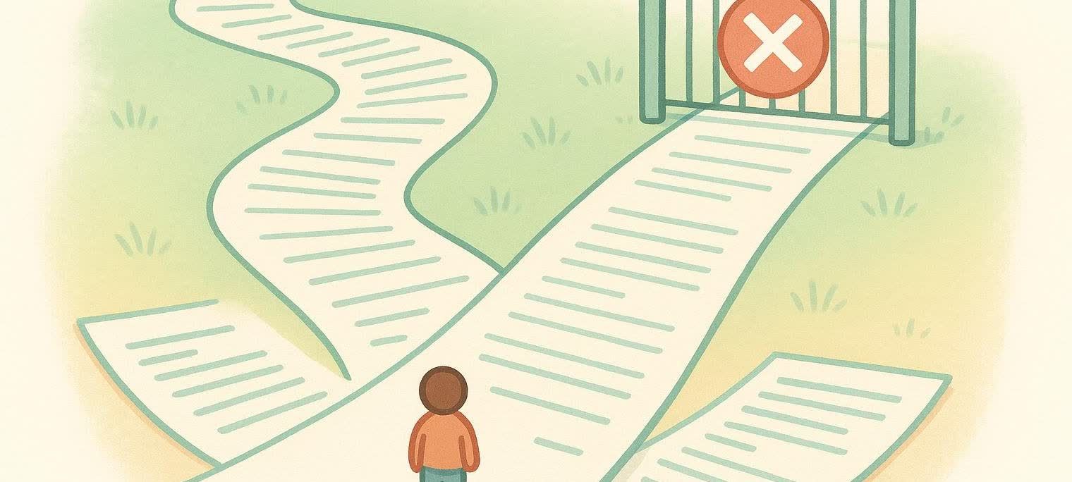 Illustration of a person navigating a branching path made of usage paperwork