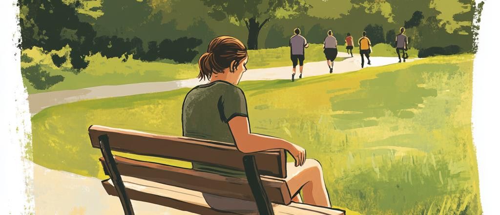Illustration of a woman sitting on a bench in a park, watching people run by.