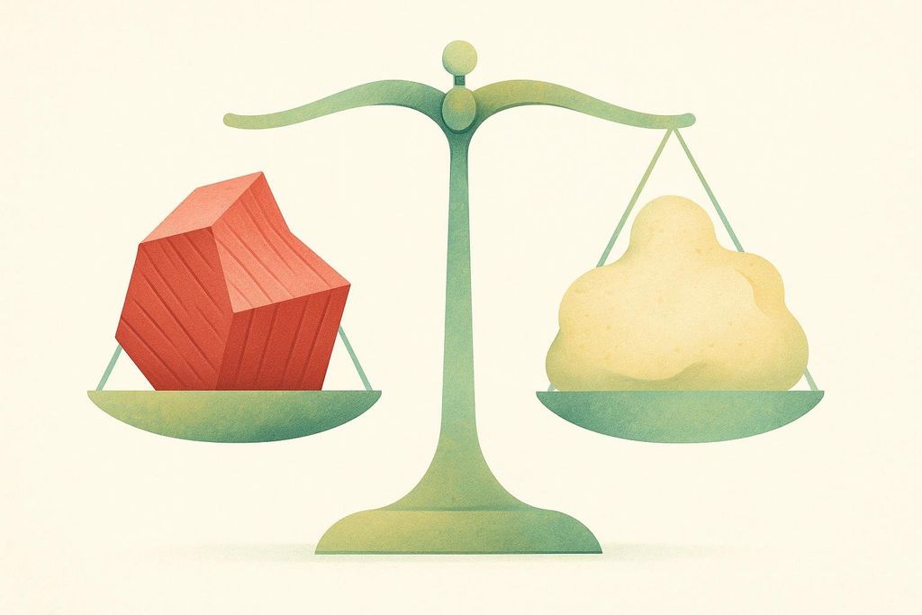 An illustration of a balance scale with a red, geometric muscle block on the left pan and a yellow, amorphous blob of fat on the right pan. The fat appears to be heavier, causing that side of the scale to dip lower.