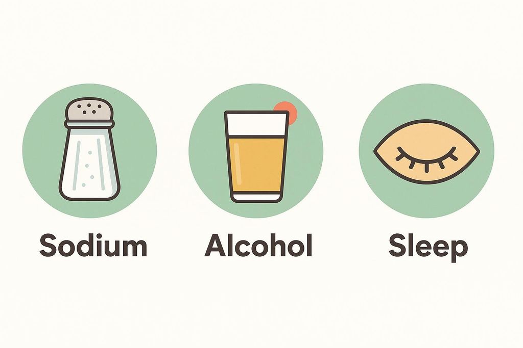 Three round icons on a light background. From left to right: a salt shaker representing sodium, a glass of beer representing alcohol, and a closed eye representing sleep. Each icon has its corresponding word written below it.