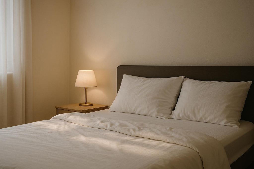 A peaceful bedroom scene with a made bed featuring white linens, two pillows, and a bedside table with an illuminated lamp, all under soft, neutral lighting, suggesting good sleep hygiene.