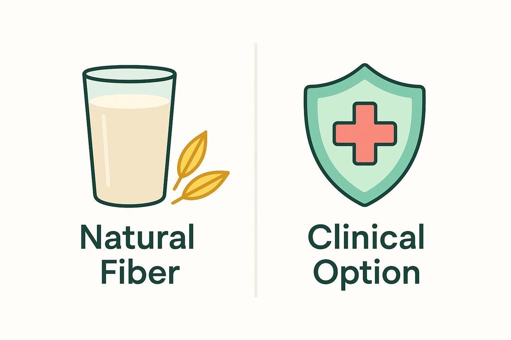 A comparison diagram showing two options: 'Natural Fiber' represented by a glass of liquid and two oat leaves, and 'Clinical Option' represented by a green shield with a red medical cross.