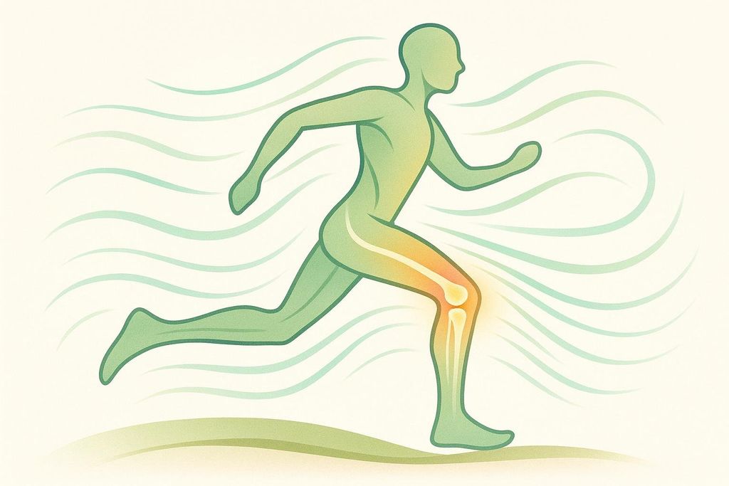 A stylized biomechanical diagram depicts a figure in a running or elliptical stride. The figure is light green with its right leg translucent, revealing the bones of the knee joint highlighted in orange and yellow, suggesting protection or activity. Wavy blue-green lines emanate around the figure, indicating motion or energy.