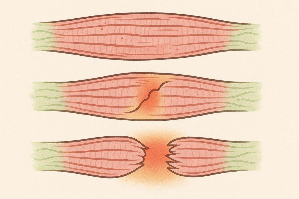 Illustration showing three stages of muscle fiber tears: Grade I (mild) with no visible tear, Grade II (moderate) with a partial tear, and Grade III (severe) with a complete tear.